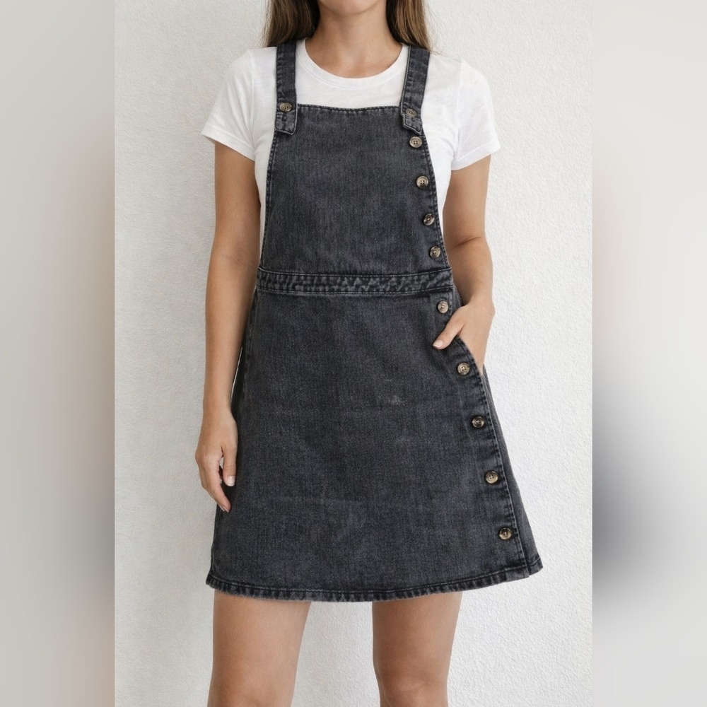 F&F Denim Pinafore Dress Womens Size 2 Black Overall Jumper Side Button Mini